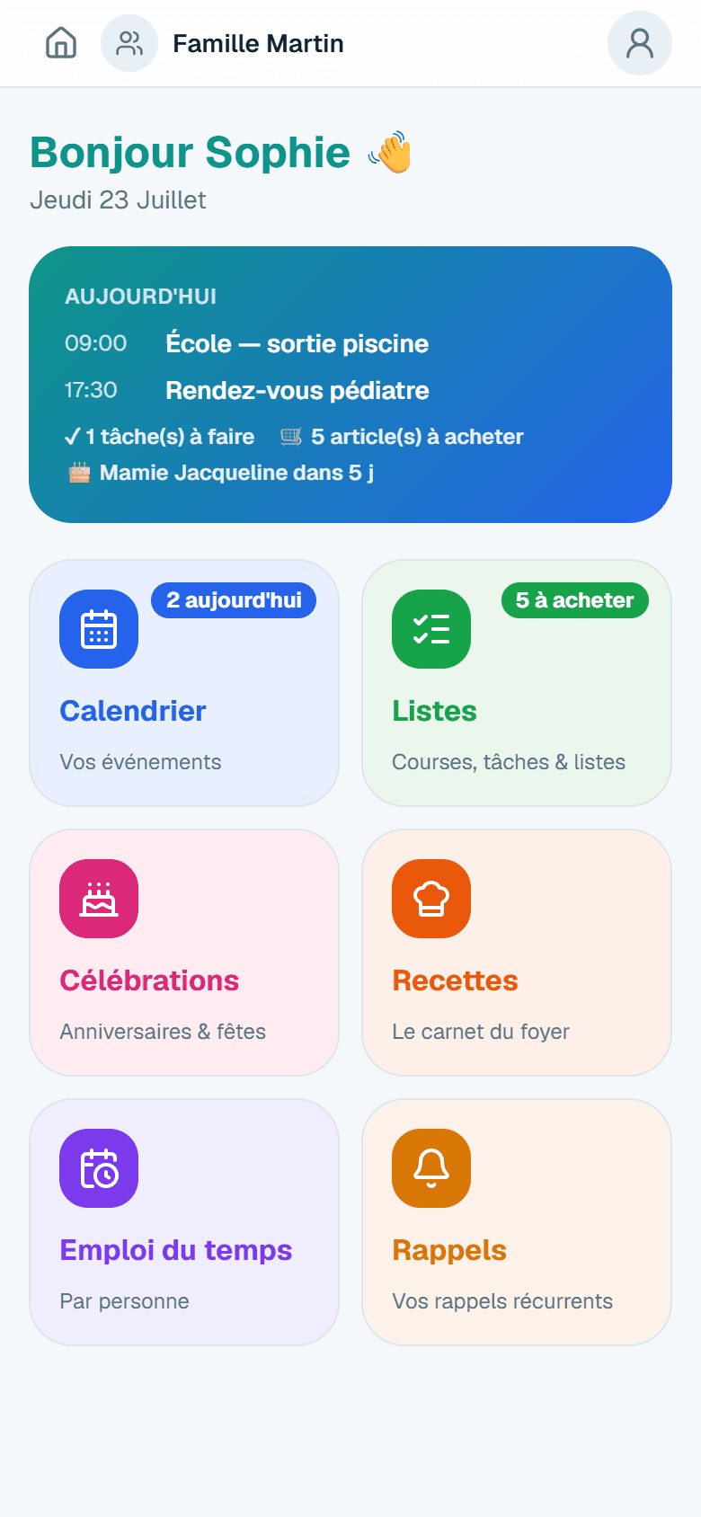 Le tableau de bord de FamiSync — capture réelle de l'application, données fictives de démonstration