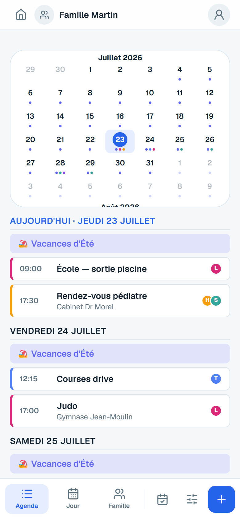 L'ajout rapide de FamiSync — capture réelle de l'application, données fictives de démonstration